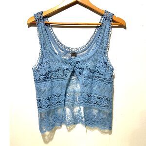 Poof lace crochet cardigan coverup cottage core romantic summer blue women M
